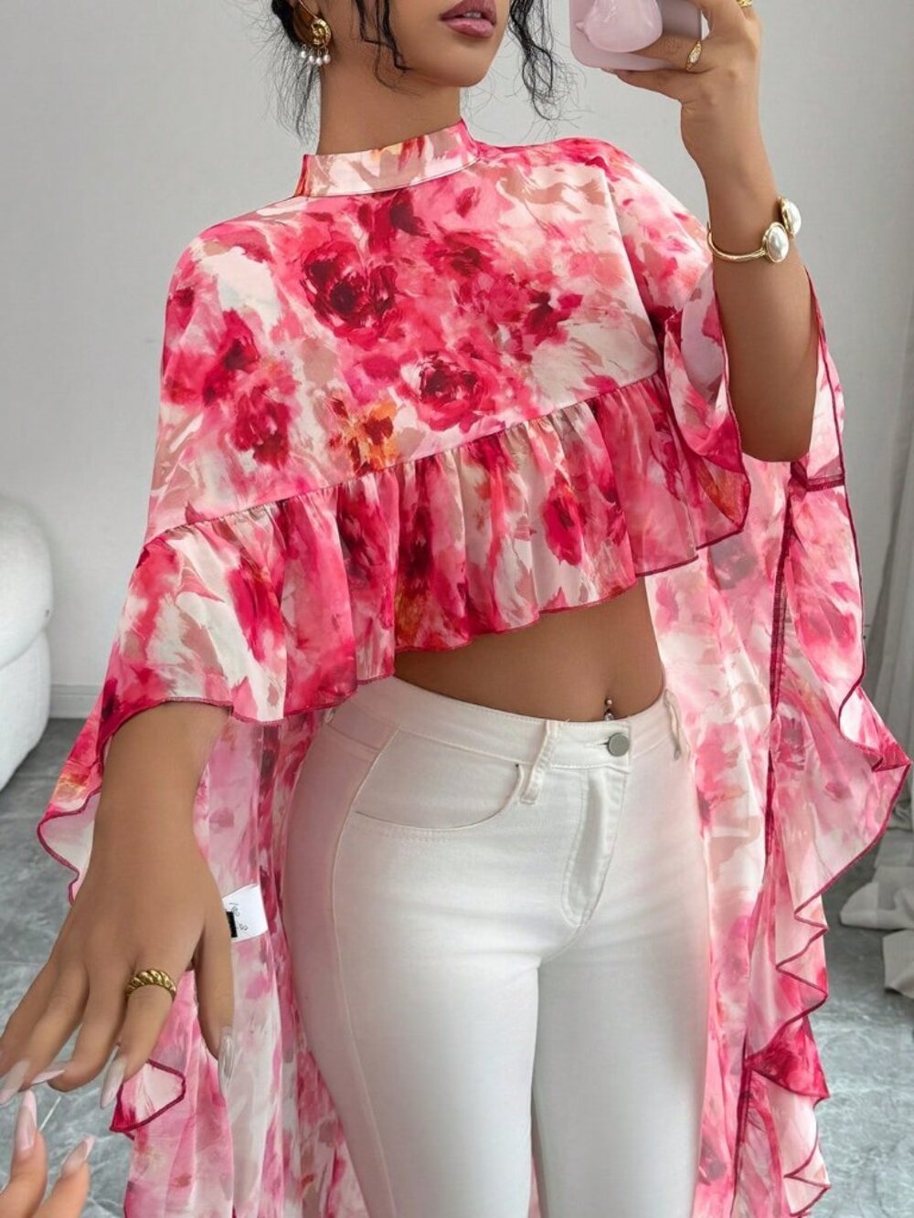 Pink Women's darin Collar Chiffon Floral Ruffle Trim hi-low Elegant Blouse - Picture 2 of 6